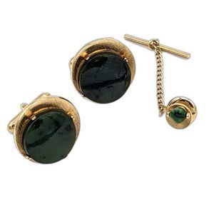 Signed Vintage SWANK Karat Gold MCM Genuine Jade Cufflinks & Tie Tack Pin Set